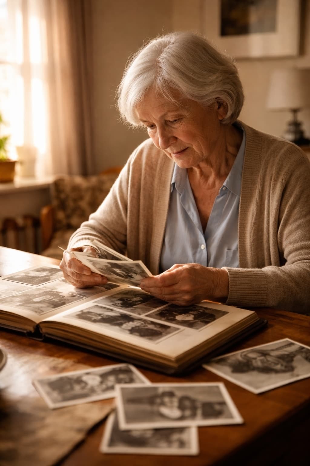 Elderly woman looking through a photo album at a wooden table, warm morning light, scattered vintage photographs